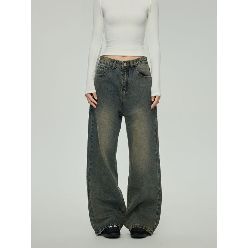Black of Exit Simple Basic Retro Distressed Trousers Trendy Brand High Street Autumn and Winter New Straight-Leg Jeans