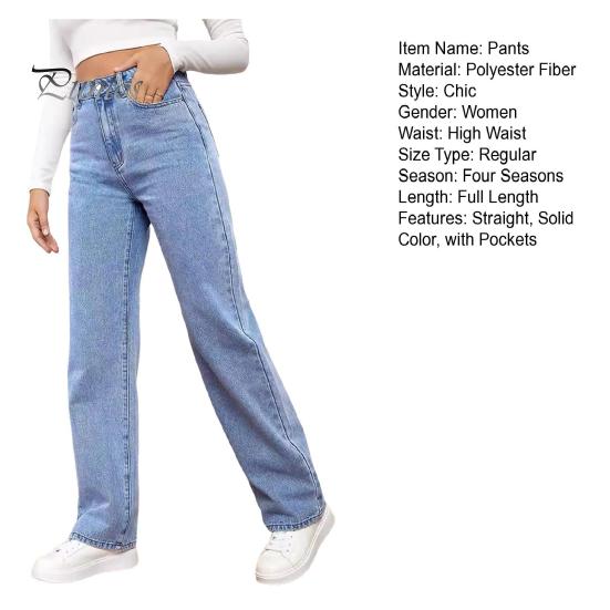Gerade Schlagjeans für Damen, hohe Taille, Knopfverschluss, Hose mit Reißverschluss, einfarbige Jeanshose mit Taschen für den Alltag, Schulweg