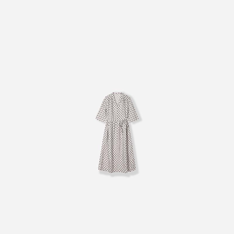 

Women s Polka Dot V-Neck Mid-Sleeve Long Hemp Dress, Waist-Cinched, for Spring/Summer Extra Large