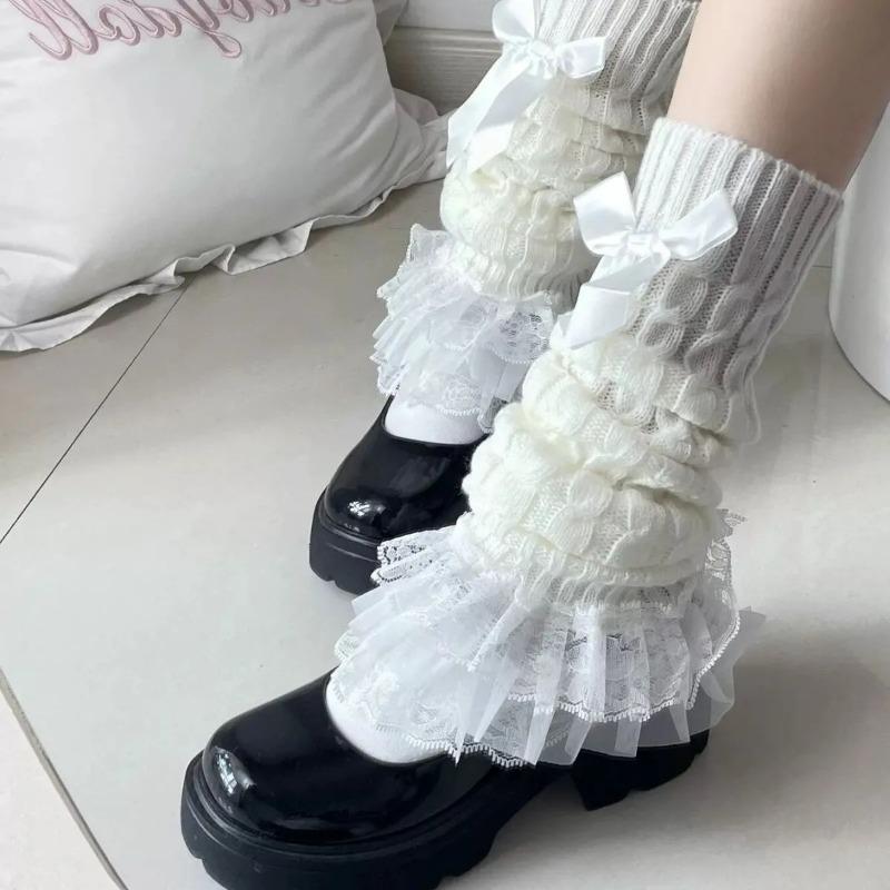 New Japanese Women Knitted Leg Warmer sweet Bow Tiered Ruffled Socks Girl Lace Lolita Socks Calf Lace Leggings Warmers Women