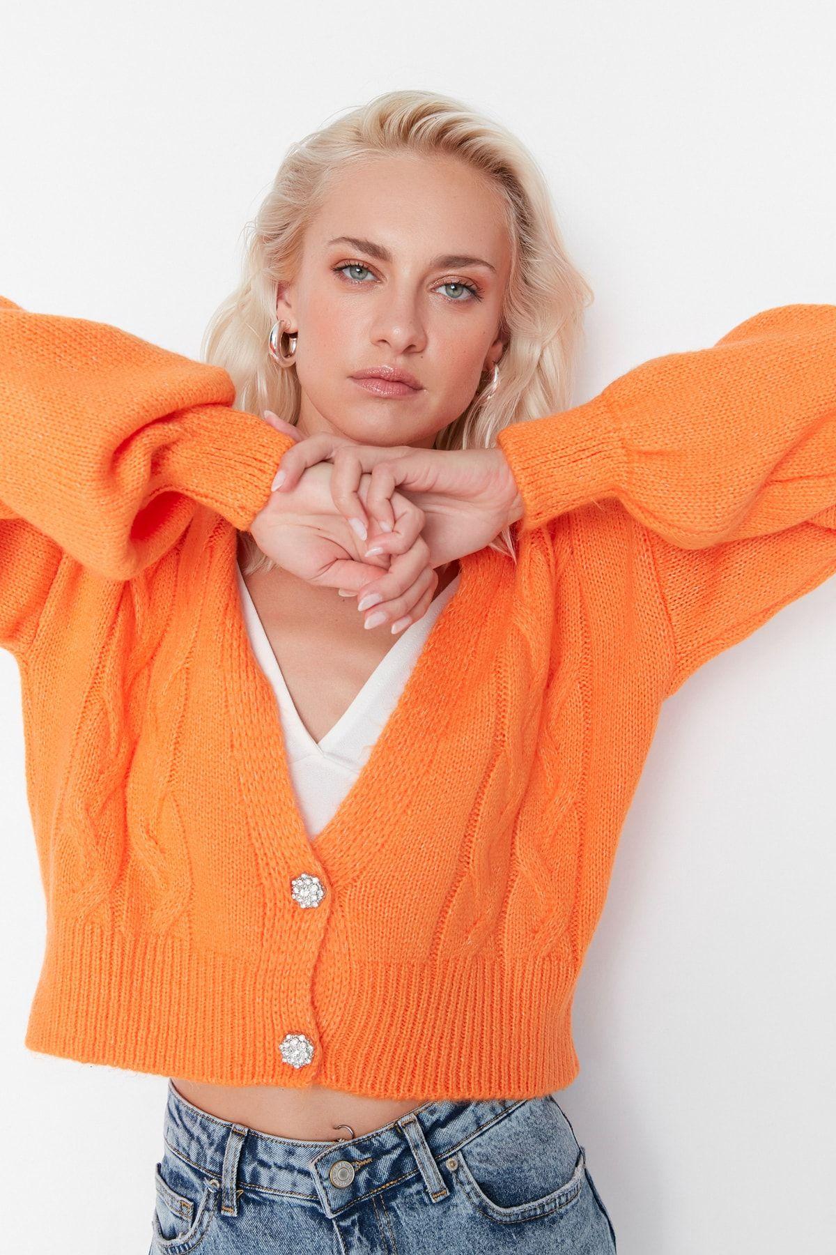 

Women s Elegance Style Cardigan Orange Crop Soft Textured Knitwear Cardigan L