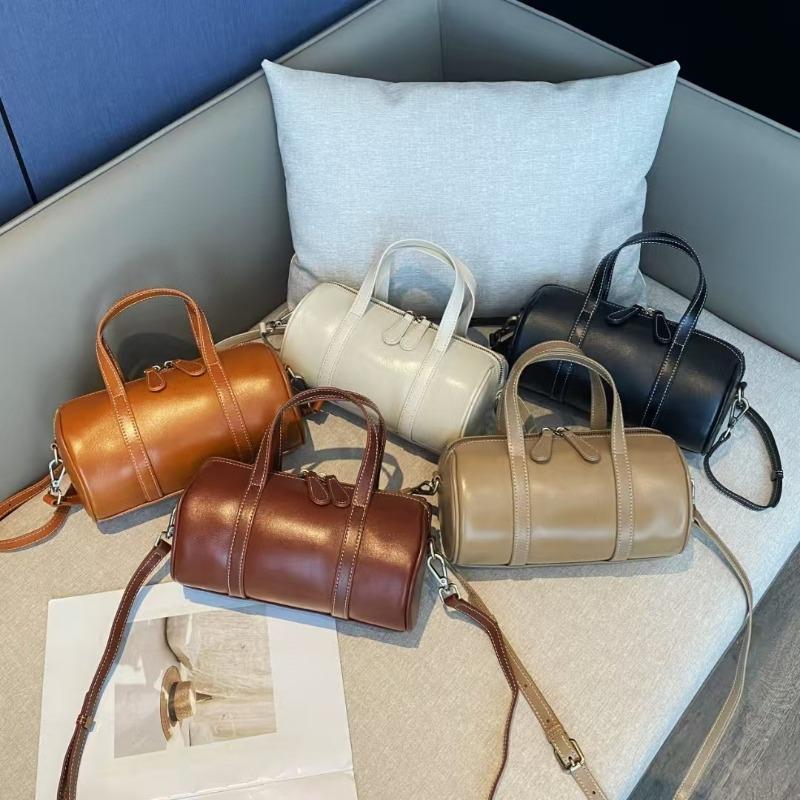 Top Layer Vegetable Tanned Cowhide Tote Cylinder Vintage Boston Pillow Bag Soft Leather Crossbody Bag