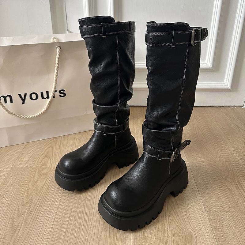Winter Platform Height Increase Woman Knight High Boots Concise Belt Buckle Shoes Punk Vintage Long Booties  De Muje