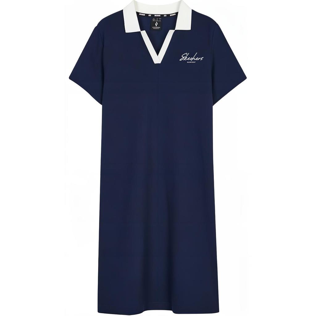 Skechers Polo Neck Letter Comfortable Breathable Short Sleeve Dress Women Dresses Navy-Blue L224W095-00DU