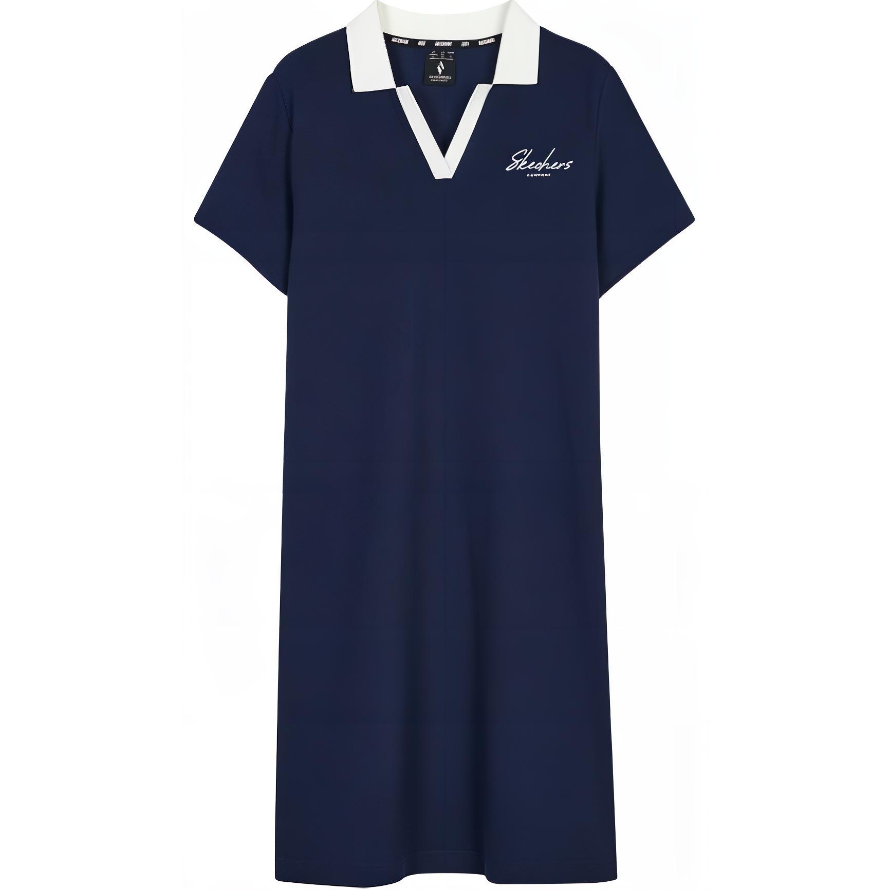 Skechers Polo Neck Letter Comfortable Breathable Short Sleeve Dress Women dresses Navy-Blue L224W095-00DU S