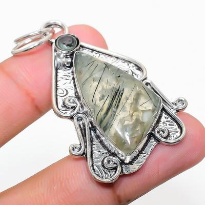 Natural Prehnite, White Topaz Gemstone 925 Sterling Silver Pendant 2.21" N0b35