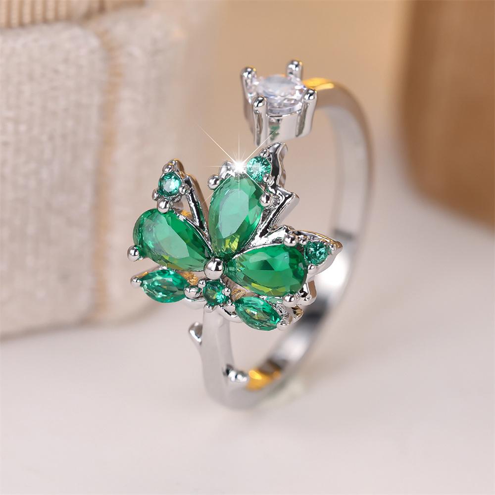 Green Crystal Maple Leaf Opening Rings For Women Vintage Gold CopperColor Engagement Ring Wedding Jewelry Valentine's Day Gift