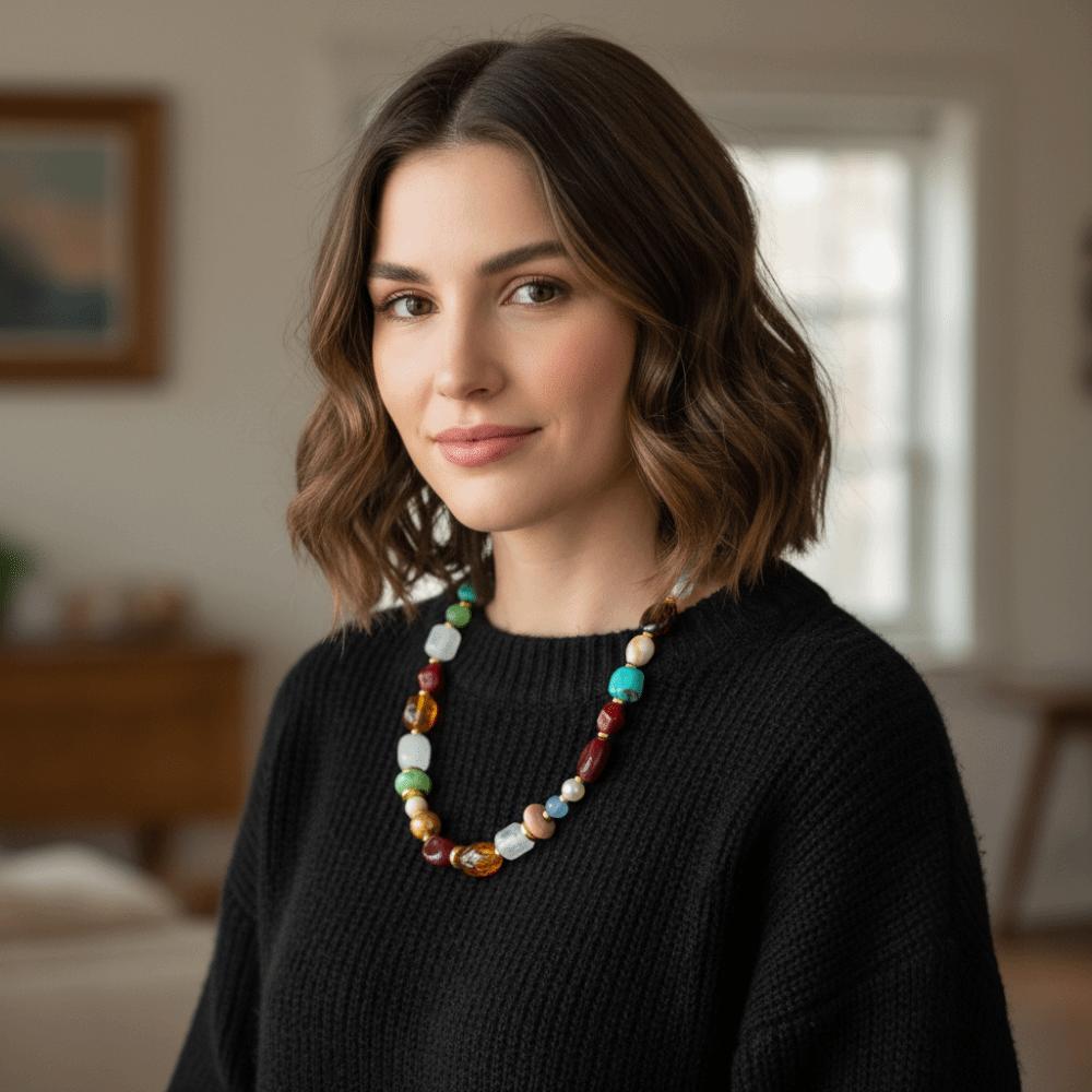 Stone Beads Short Choker Vintage Clavicle Chain Retro Colorful Resin Necklace  Women