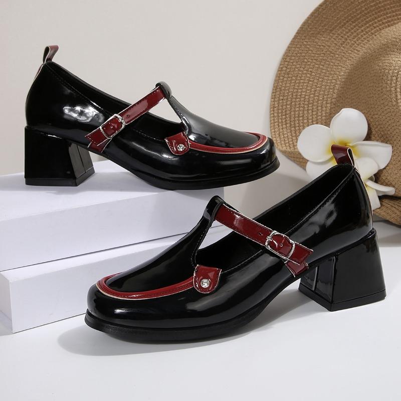 Fashion Fashion One Strap Single Shoes Summer New Round Toe Middle Buckle Rivet Metal Buckle Colorblock Square Heel High Heels