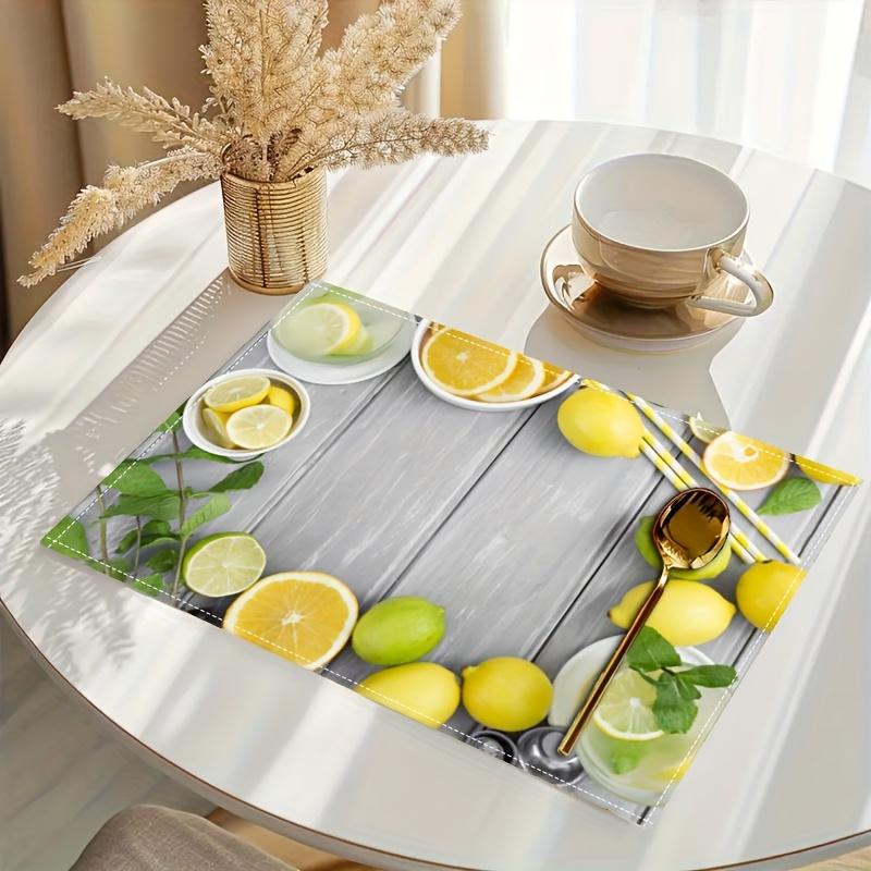 Lemon Fruit Placemats Set Of 2 Linen Fabric Fresh Citrus Table Mats Kitchen Decor Summer Dining Accessories Yellow Green Mint