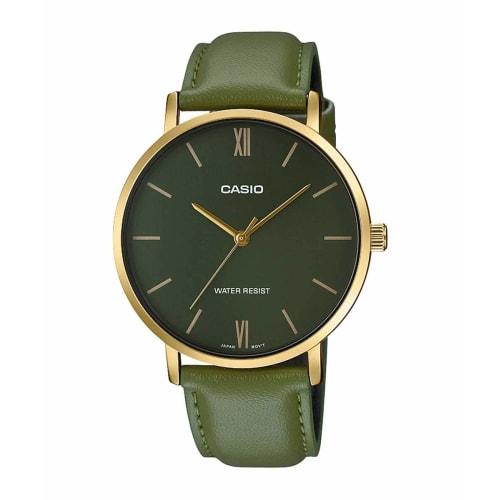 Casio MTP-VT01GL-3B Men's Minimalistic Gold Tone Green Leather Band Green Dial 3-Hand Analog Watch