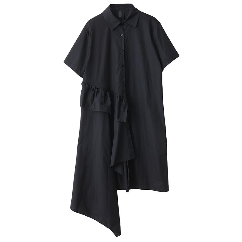 Černé bavlněné vintage šaty s krátkým rukávem ve velkých velikostech pro ženy, ležérní volné dlouhé letní košilové šaty