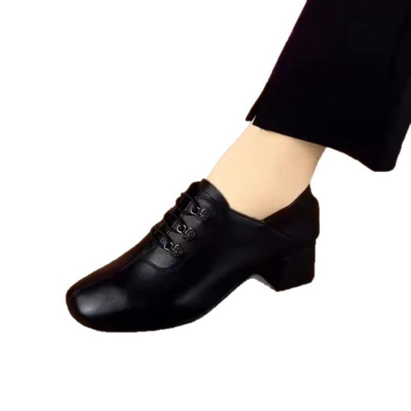 Fashion Thick Heel Single Shoes Women's Autumn New Versatile Soft Sole Women's Shoes Medium Heel Leather Shoes Dance Shoes Women