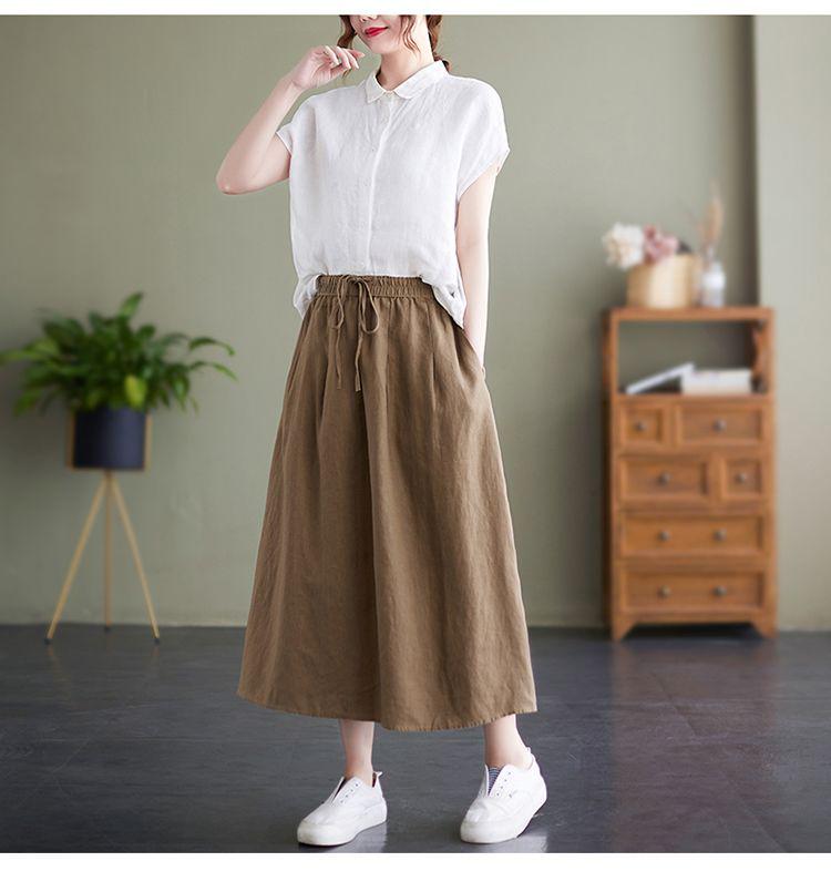 Embroidered High-Waisted A-line Cotton Midi Skirt: Slimming, Elastic Waist, Literary Style, Wide Hem for Women