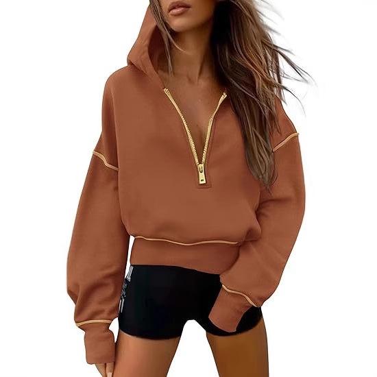 Women's Cropped Hooded Sweatshirt - Long Sleeve Half Zip Hoodie, Winter Fashion