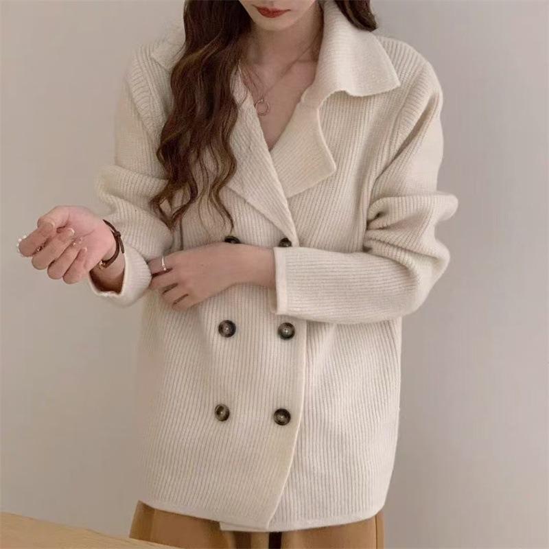 Autumn and winter new suit collar double-breasted lazy wind knitted cardigan high-end sweater jacket women's top trend