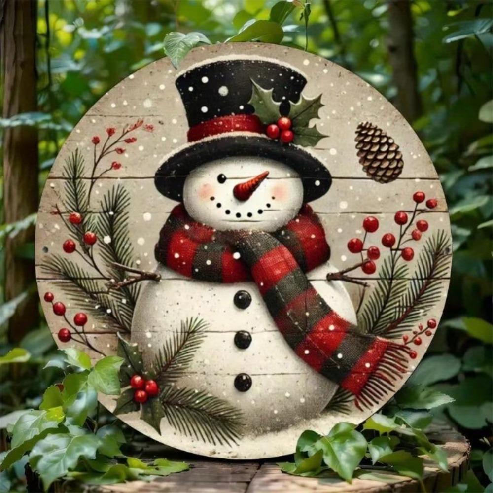 Christmas Snowman Metal Wall Art Round Sign Cottage Decor Gift