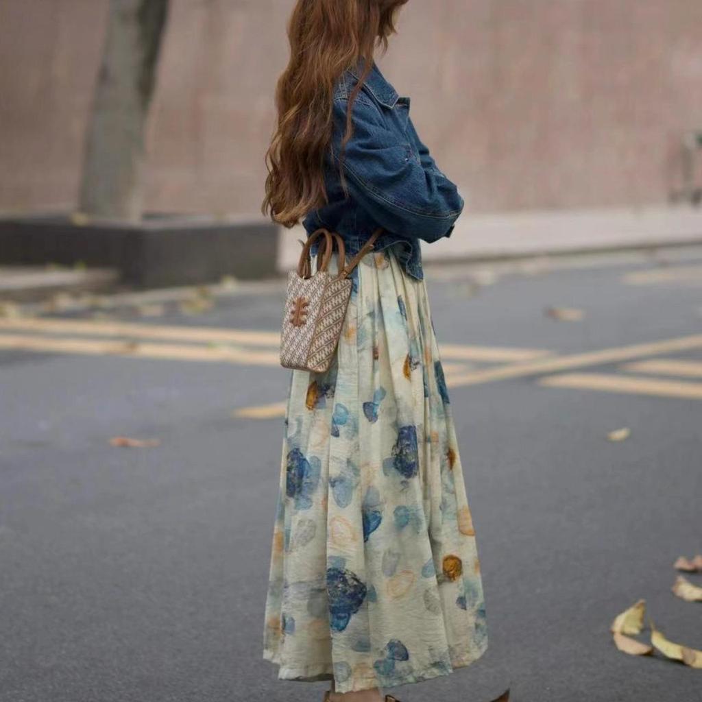 Spring 2025 Ink Print Dress & Denim Jacket Set - Age-Defying Fashion