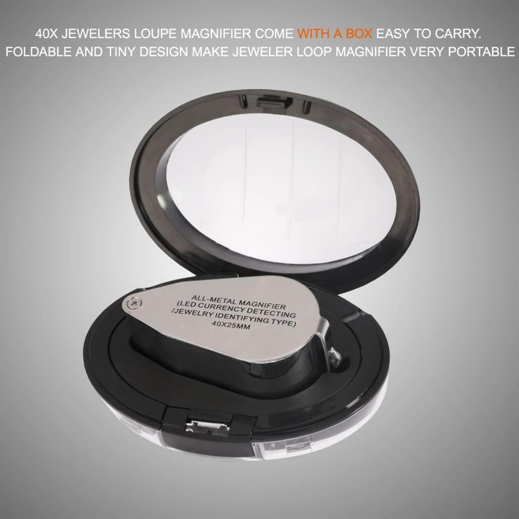 40x 25mm Jeweller Magnifier Pocket Folding Magnifying Jewelry Eye Loupe with LED Light Illuminated LED Currency Detecting/Jewlers Identifying Type