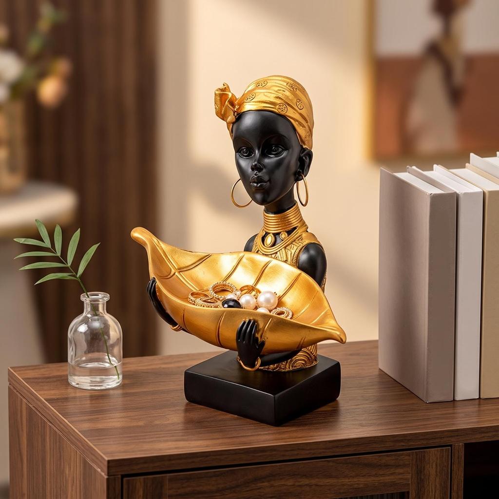 Decorative African Woman Figurine with Basket Multipurpose