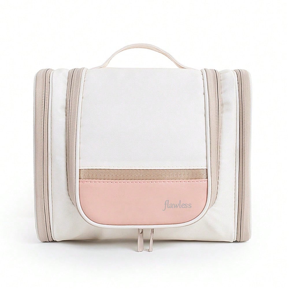 Trousse de Toilette et de Maquillage Épaisse à Double Ouverture Portable, Sac de Rangement Portable avec Crochet pour Voyage beige multicolore