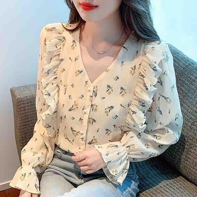 Mode Neu 2024 Herbst Langarm Rüschen V-Ausschnitt Print Chiffon Bluse Hemd Damen Oberteile Blusen Hemden J552