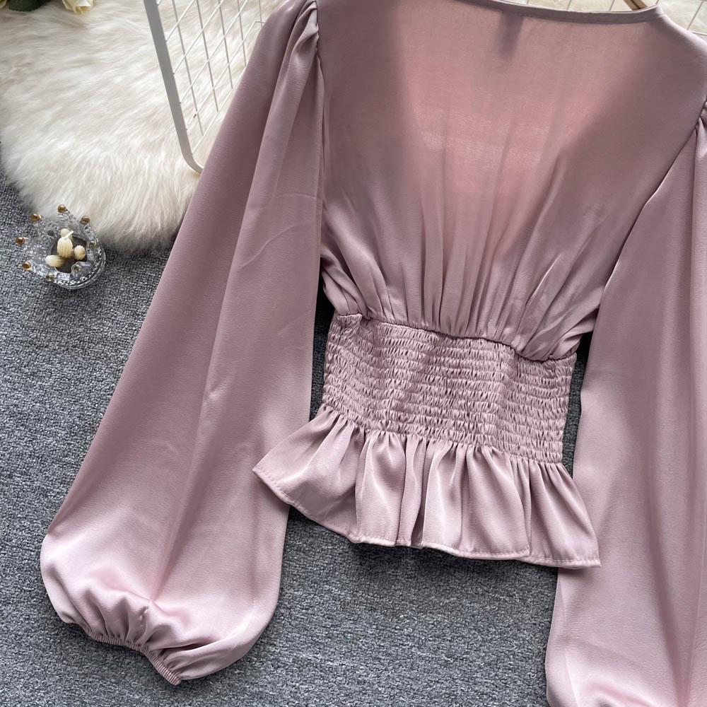 RUGOD Dámská podzimní košile s úzkým pasem a čtvercovým límcem, krásná košile s dlouhým rukávem