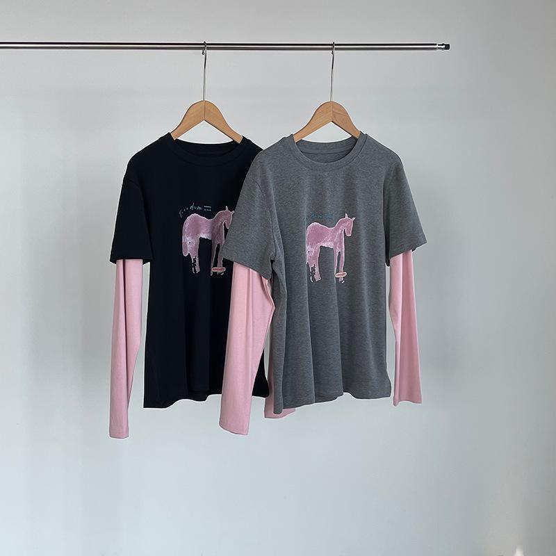 Taoguan Frühling Damen Schlankmachendes Rundhals-T-Shirt mit kleinem Pferdeaufdruck Two-in-One