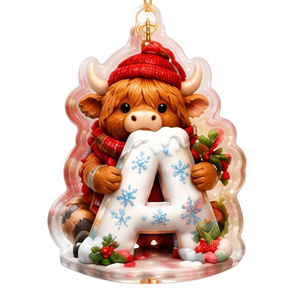Weihnachts-Kuh-Ornament mit 26 Buchstaben, 2D Acryl Hängedekoration für den Weihnachtsbaum