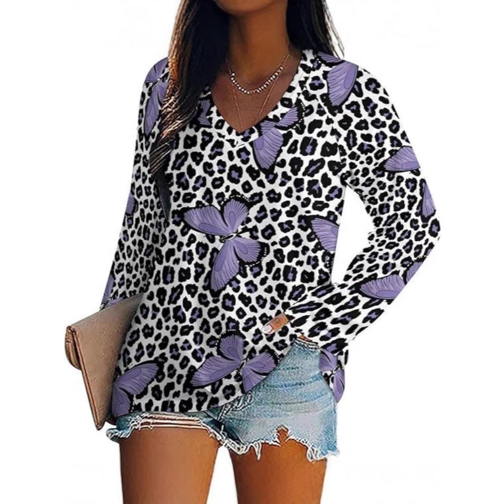 Spring Autumn Fashion Comfortable Loose Long Sleeve Top Soft Breathable Butterfly Series 3D Printed Women's V-neck Long Sleeve Sexy T-shirt