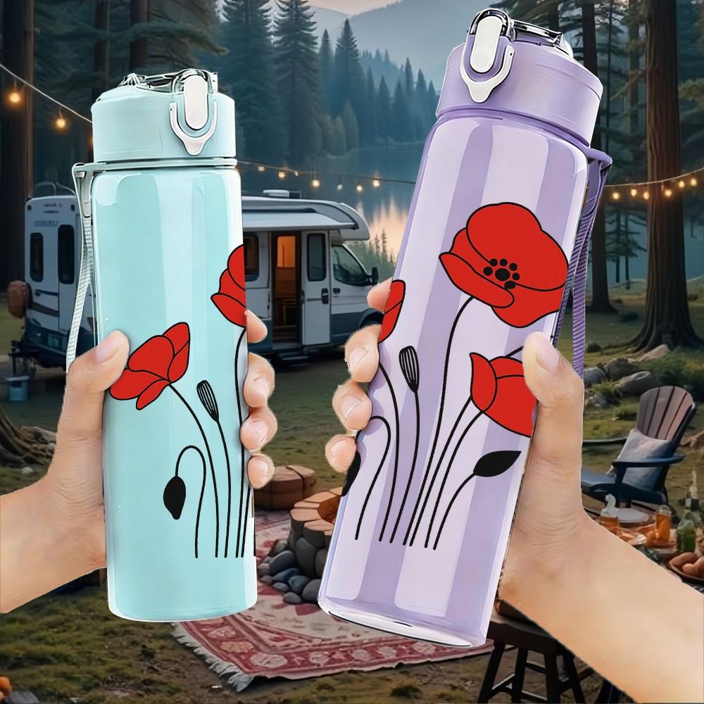 1PC Red Poppy Flower Bouquet 750ml Color Plastic Sports Water Bottle Leakproof Flip Straw Lid Suitable for Sports Office Home Use