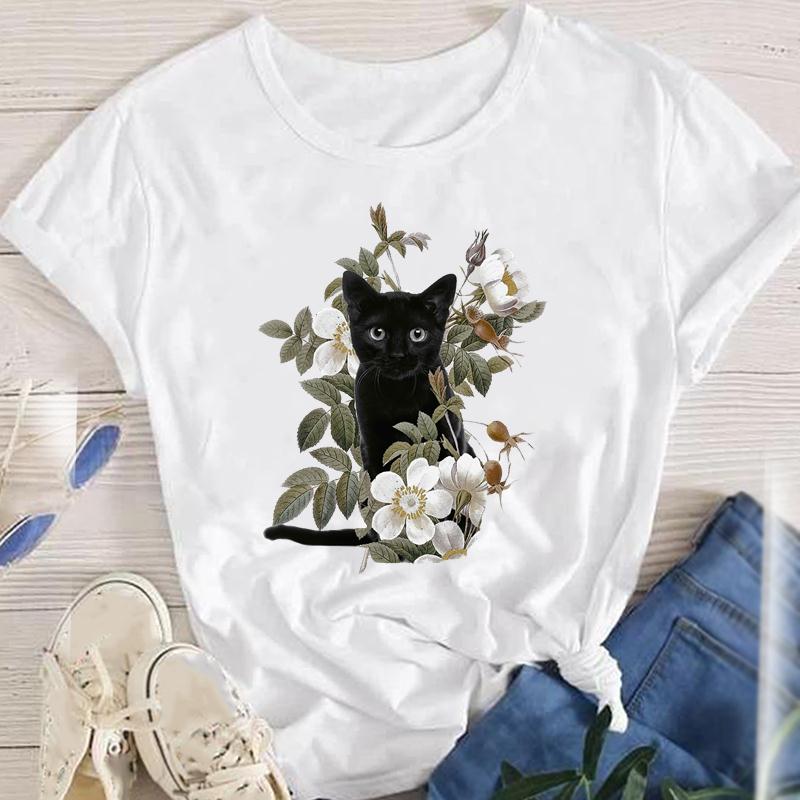 Fashion Cartoon Cat Plant Casual New Lovely Tees Women Short Sleeve Lady Female Graphic Tops Clothes Print Tshirt TShirt