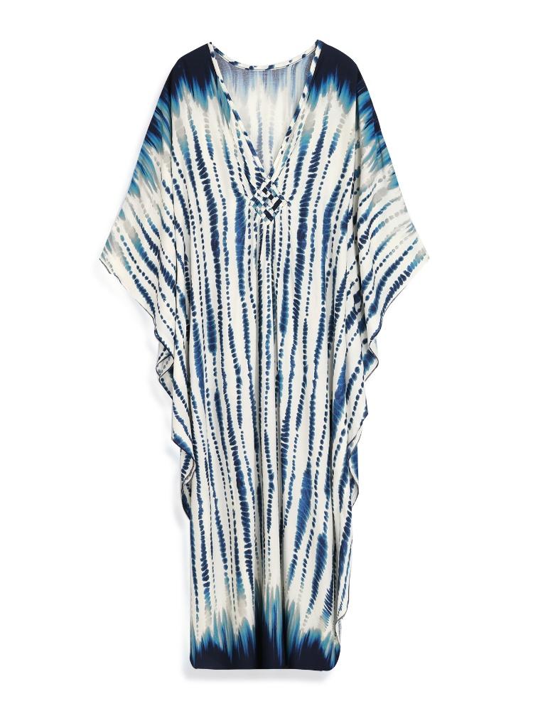 EDOLYNSA Blue Striped Kaftan Bohemian Bat Sleeve Beach Dress Ladies Vacation Bathing Suit Cover Up Summer Wear Homewear Q1523