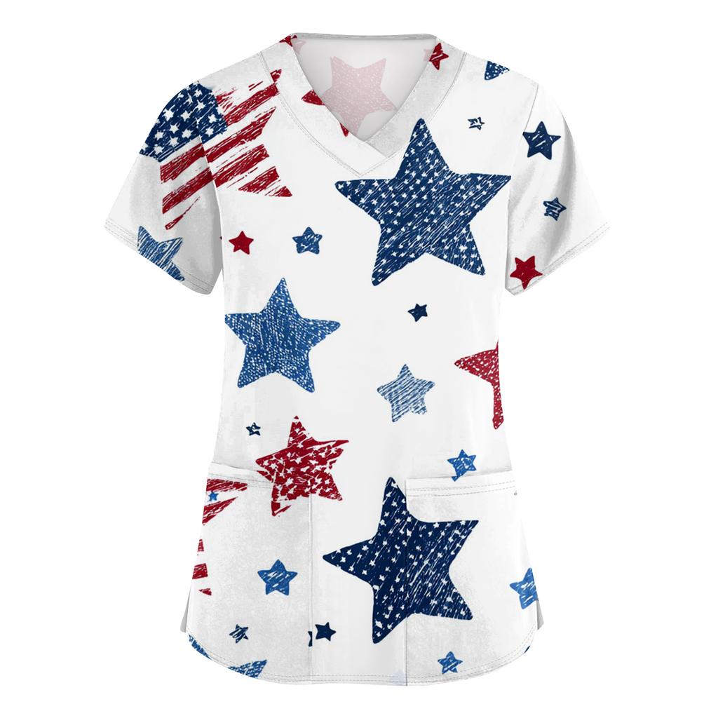 Women's Fashionable V-Neck Short-Sleeved Work Top With Pockets And Independence Day Print  Uniform