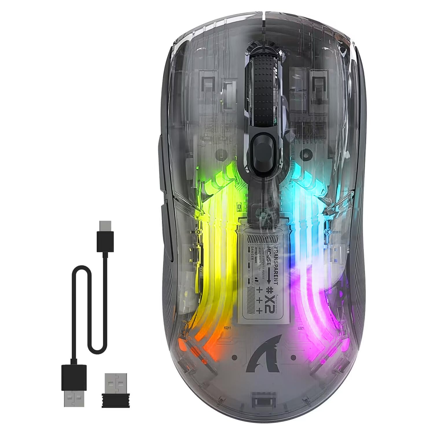 

Wireless Mouse, Bluetooth 5.0, Transparent, Quiet, Type-C Rechargeable, RGB Light, Large, 6 Buttons, Optical, Gaming, PC, Notebook, Smartphone,