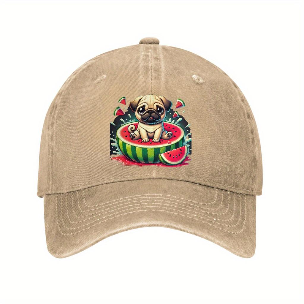 Pug Eating Watermelon Graphic Baseball Cap Cotton Casual Adjustable Sun Protection Unisex Hat