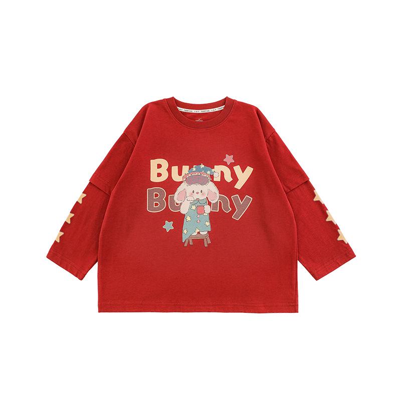 Wulibu Girls' Cartoon Print Faux Two-Piece Ribbed T-Shirt - Cute, Casual Spring 2025 Trend.