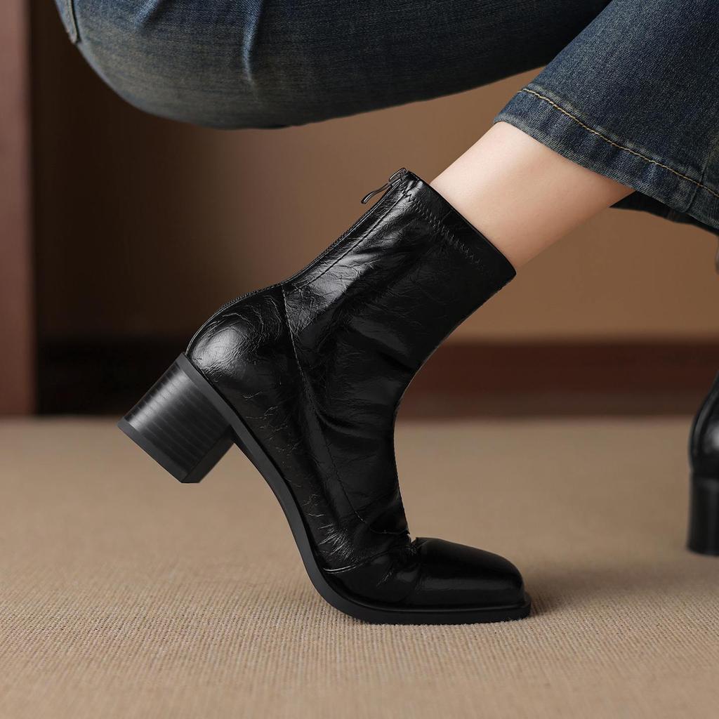 Krazing Pot Microfiber Square Toe Med Heels Elastic Boots Size 43 Slip On Women  Basic Design Ankle Boots