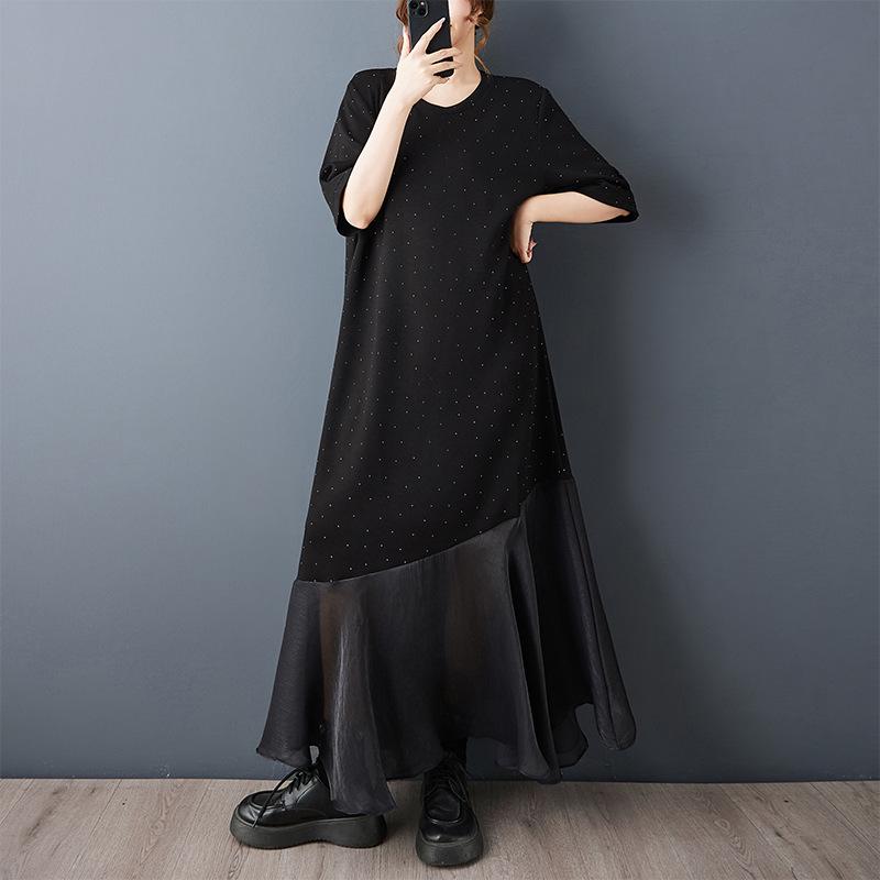 2026 Spring/Summer Elegant Black Maxi Dress with Starry Sky Rhinestone Patchwork and Ruffled Hem for Women XL