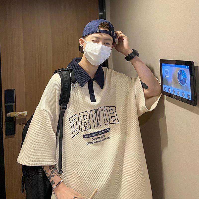 T-shirt z krótkim rękawem w stylu Harajuku z waflowym kołnierzykiem polo, modny top w stylu Hong Kong Chic na lato 2022