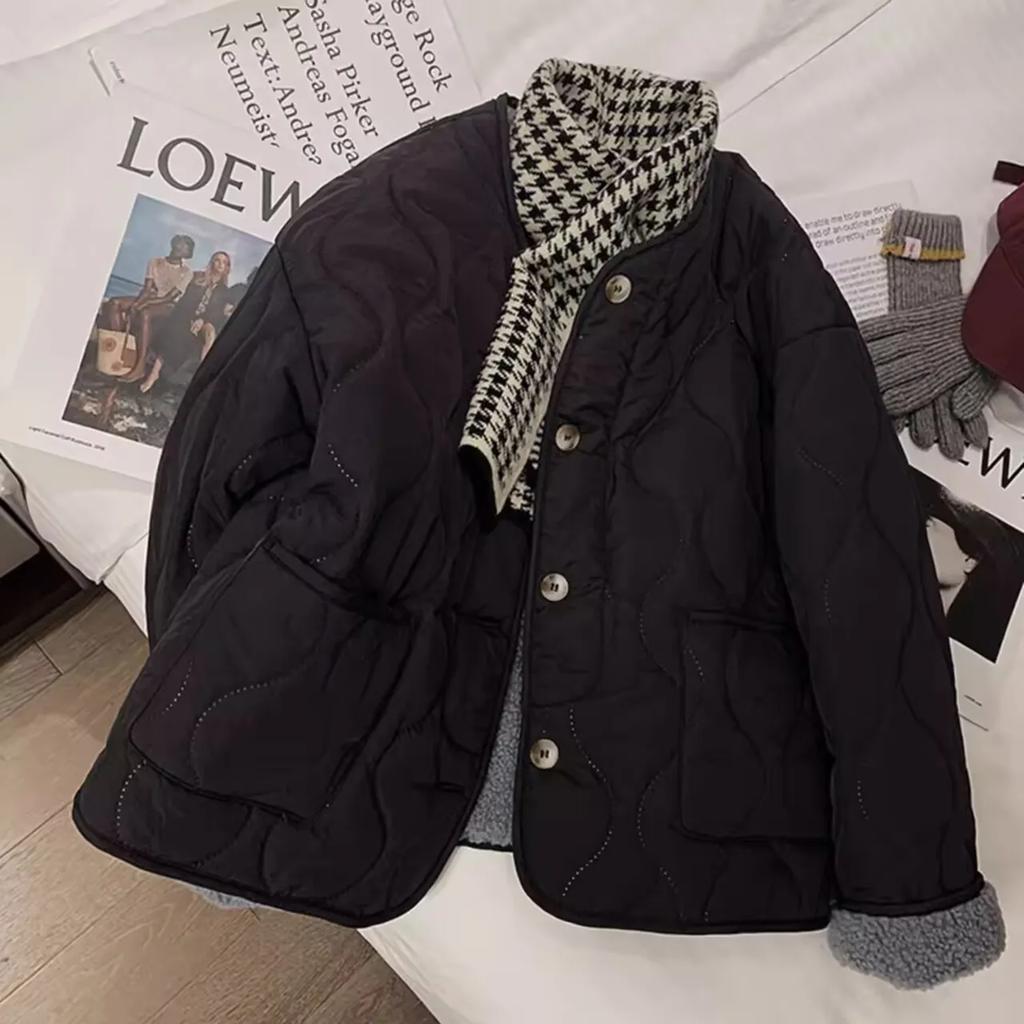Lamb Wool Cotton-padded Quilted Coats Women Wool-liner Warm Diamond Grid Jacket Lightweight Single-breasted Winter Short Coats