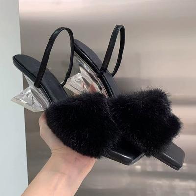 Fur Women Slippers Mid Heels Designer Shoes Dress New Woman Sandals 2025 Summer Elegant Pumps Luxury Zapatillas De Mujer