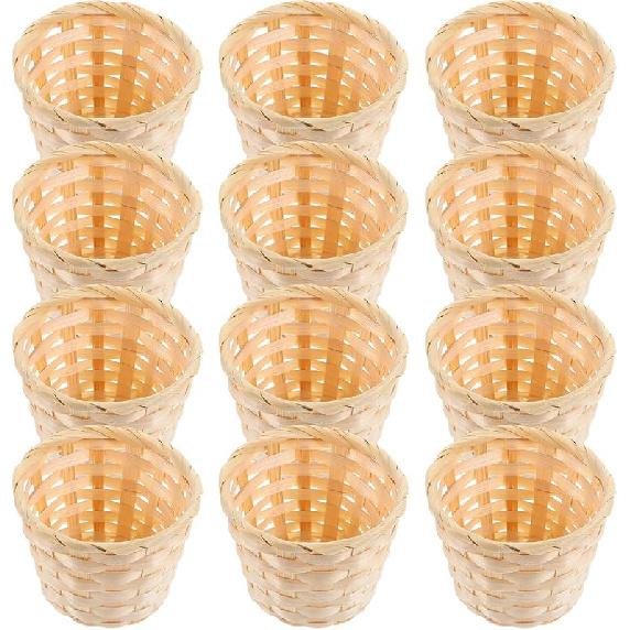 NUOBESTY 6Pcs 2.95X2.95X2.36in Mini Wood Woven Baskets Small Baskets Miniature Artifical Wood Woven Baskets Mini Straw Woven Storage Basket Without