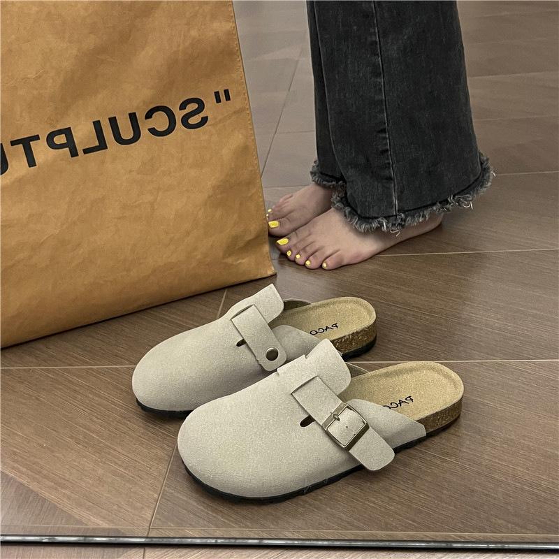 Poboken shoes women's outer wear 2025 spring and autumn new thick-soled leather cork bag head half slippers lazy boken slippers