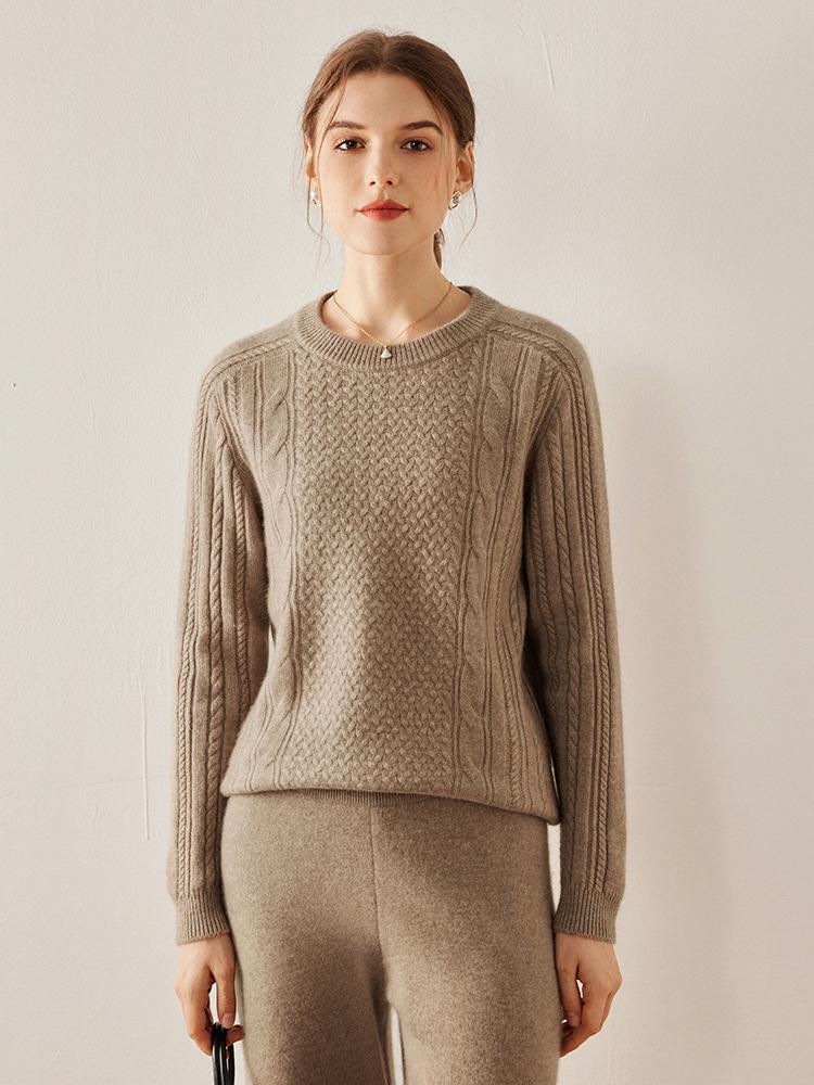 Women's Heavy Knit Cashmere Aran Sweater: Saddle Shoulder, Round Neck, Long Sleeve Pullover for Autumn/Winter, Solid Color, Casual & Versatile.