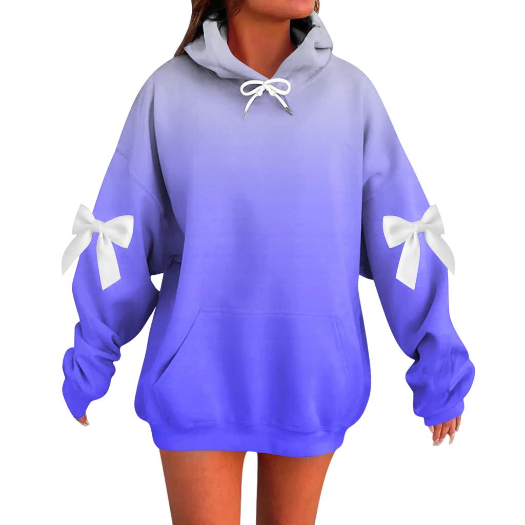 Ladies' Gradient Printed Bow Long Sleeved Loose Fitting Headband With Rope Hooded Sweatshirt Top