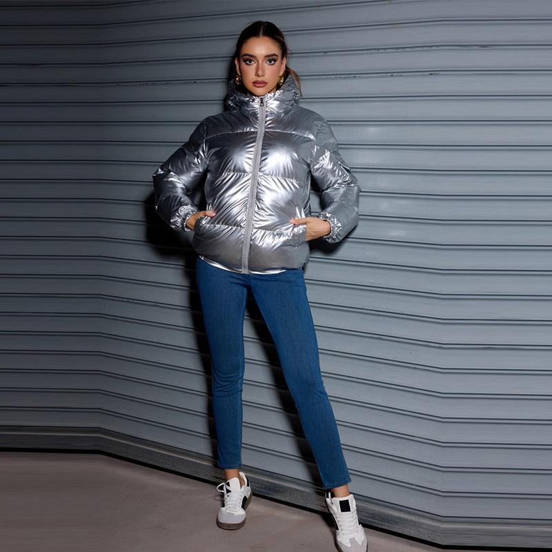 Winter Trendy Shiny Hooded Down Coat Women Long Sleeve Solid Color Slim Fit Cotton Warm Parkas Jacket