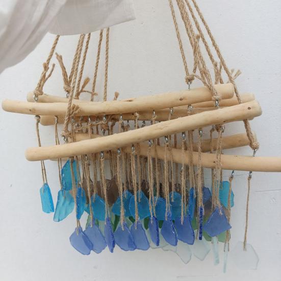 Handmade Sea Glass Wind Chimes for Outside Coastal Style Hanging Wind Chime with Wooden Hanger for Home Wall Garden Decor Gifts for Mom Women