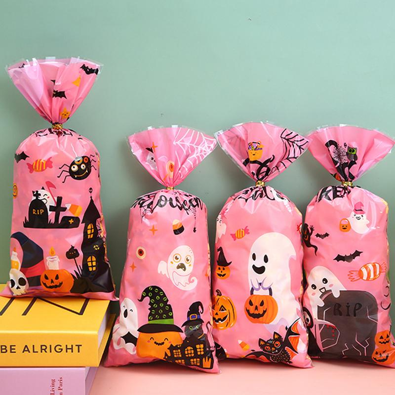 100PCS/Pack Pink Halloween Zip Tie Flat Pocket Mix Style Ghost Pumpkin Decorating Halloween Atmosphere Cookie Snack Gift Bag ZYF