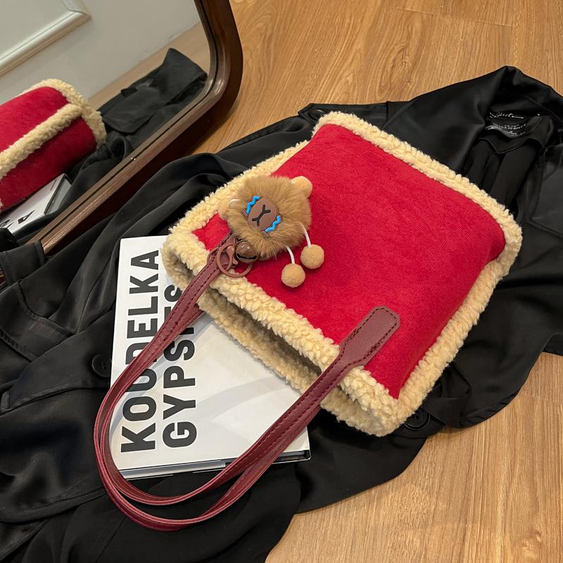 New Year's Bag, Winter New Lamb Wool Handbag, Versatile Large-capacity Mother and Child Bag, Christmas Plush Handbag.